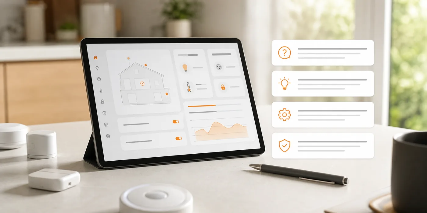 Tablet, Sensoren und FAQ-Karten als Symbol für verständliche Smarthome-Beratung