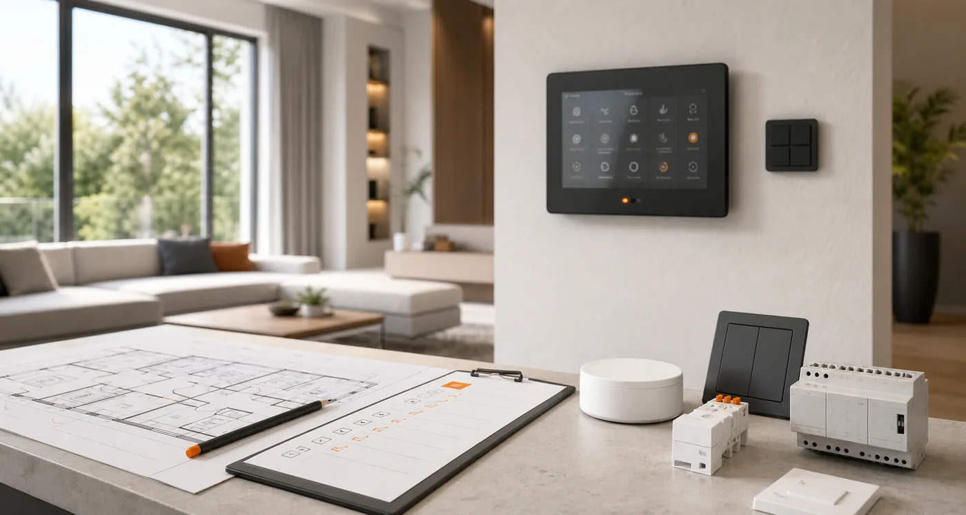 Planungstisch mit Smarthome-Konzept, Grundriss und Bedienpanel als Symbol für den Projektablauf